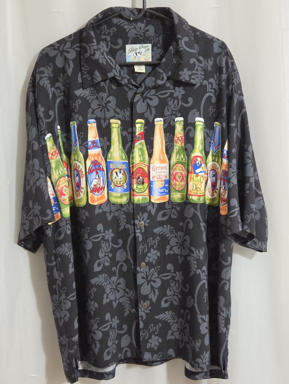 Big Dogs - Short Sleeve Button Down Dog Themed Beer Print Hawaiian Shirt